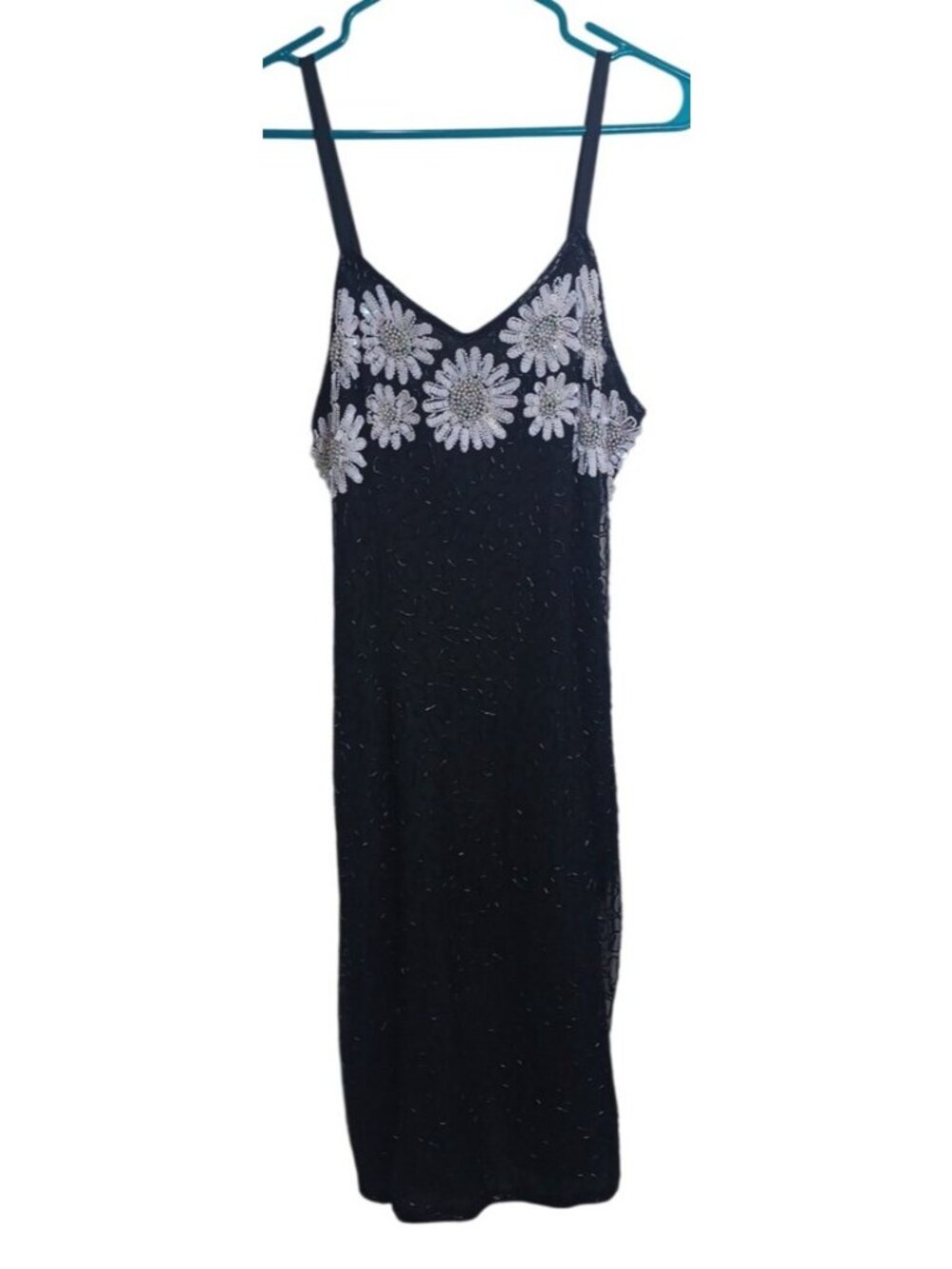 Pure Silk Black White Floral Hand Beaded Women M Vintage Evening Dress & Jacket - Picture 15 of 16